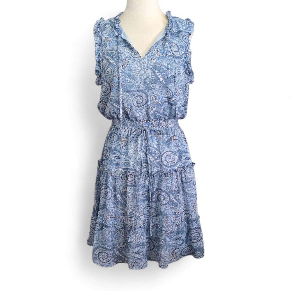 Elan Blue Paisley Sleeveless Ruffle Mini Dress